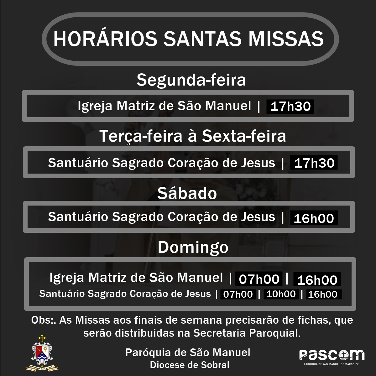 Horário Santas Missas Paróquia de São Manuel