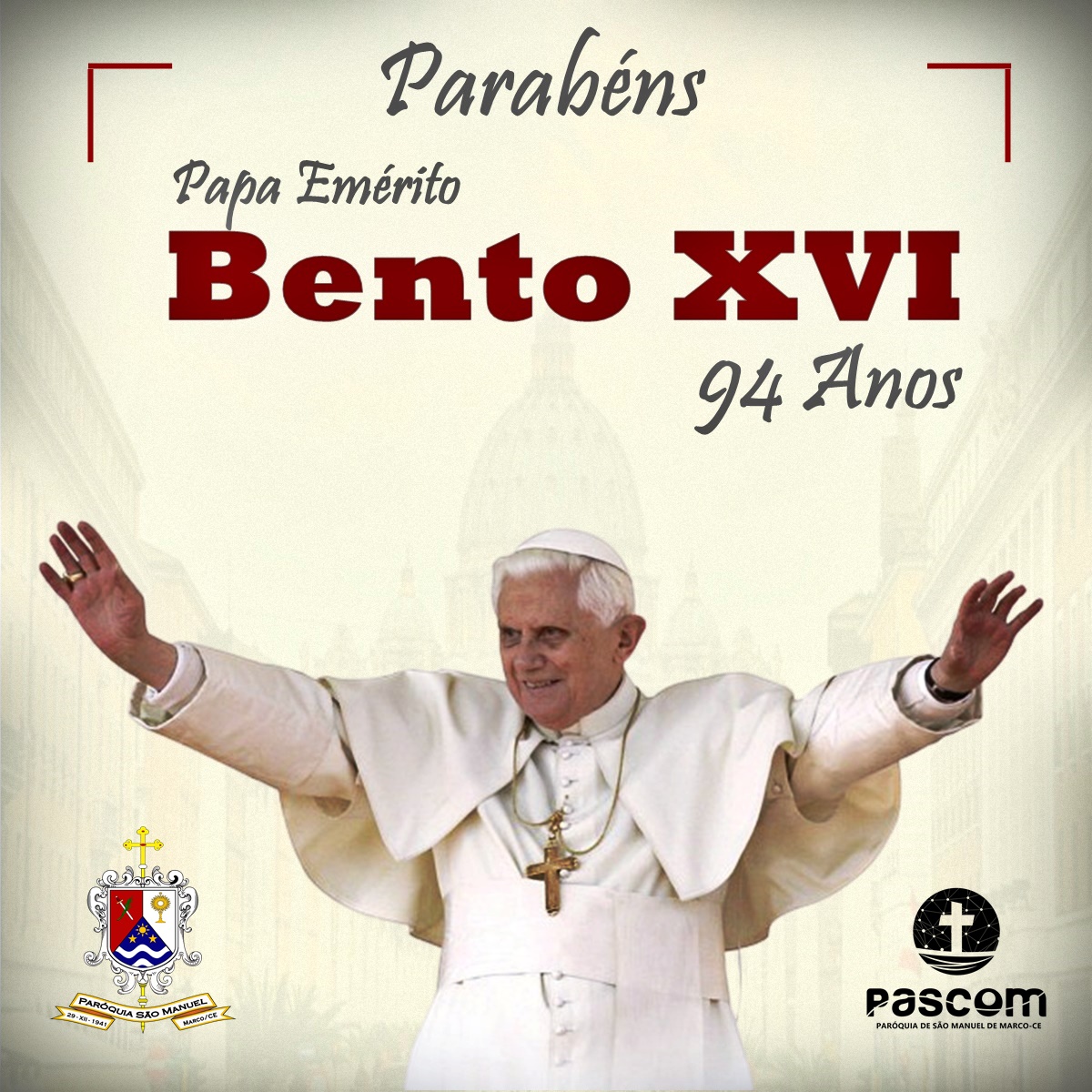 Papa Emérito Bento XVI. Créditos: Paróquia de São Manuel