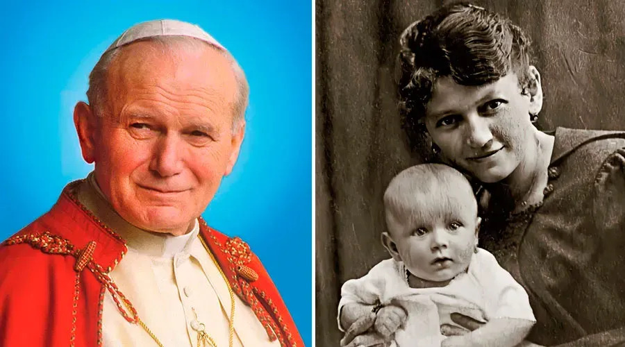 O papa João Paulo II (esq.) e o santo com sua mãe / Domínio público