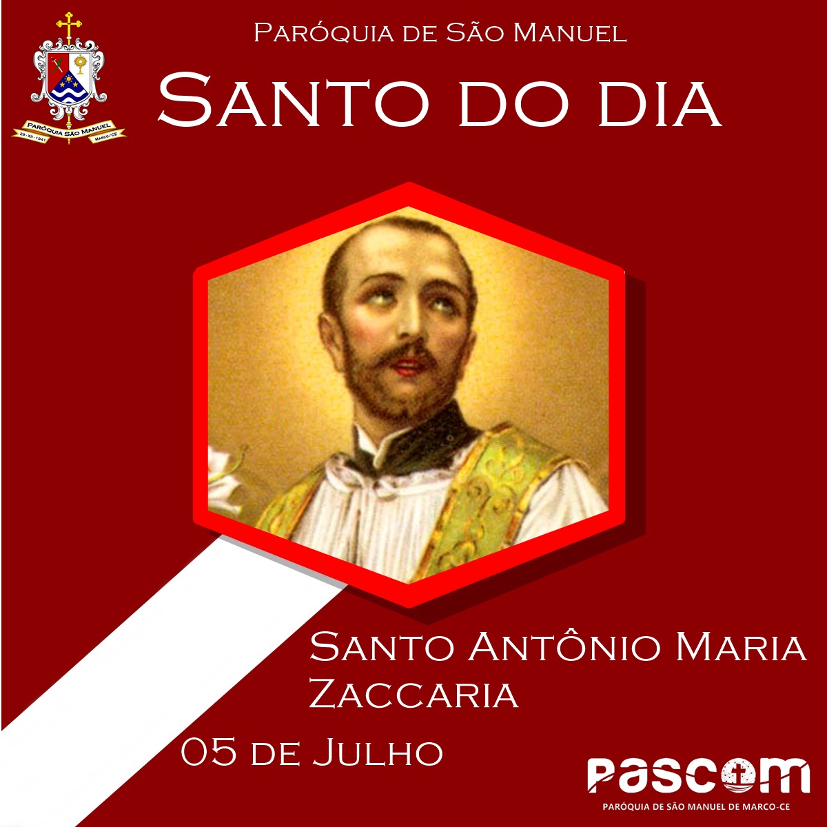 Santo Antônio Maria Zaccaria. Créditos: Paróquia de São Manuel