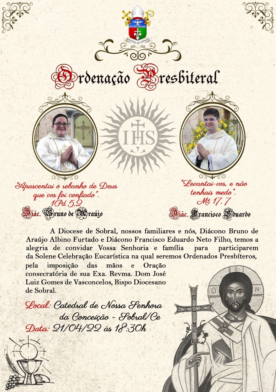 Convite para Ordenação Sacerdotal dos Diáconos Francisco Eduardo e Bruno de Araújo