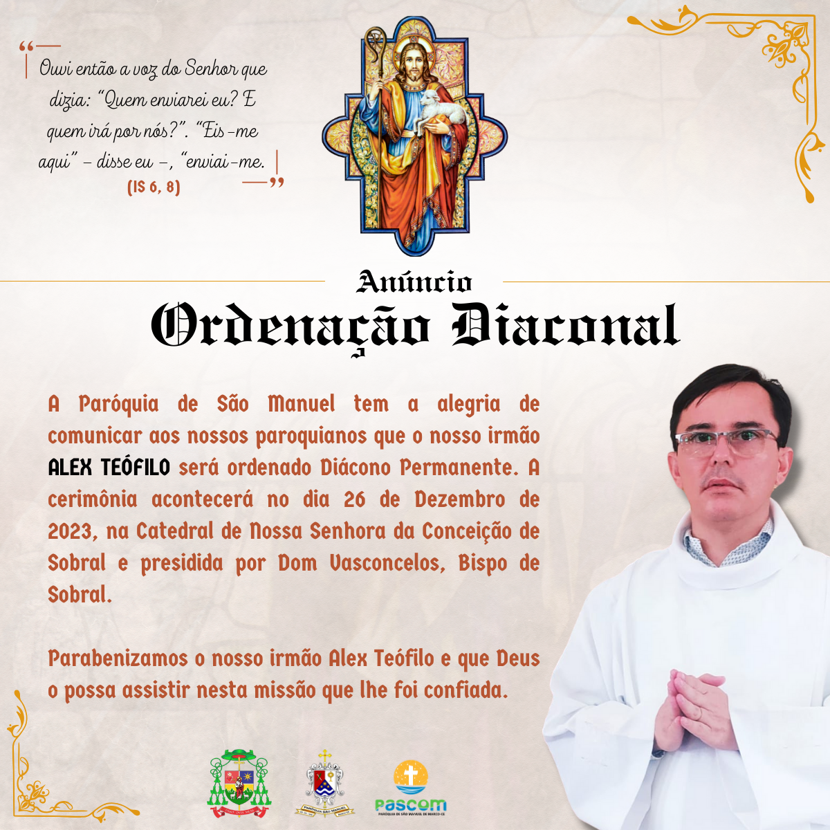 Anúncio da Ordenação Diaconal de Alex Teófilo. Créditos: Paróquia de São Manuel