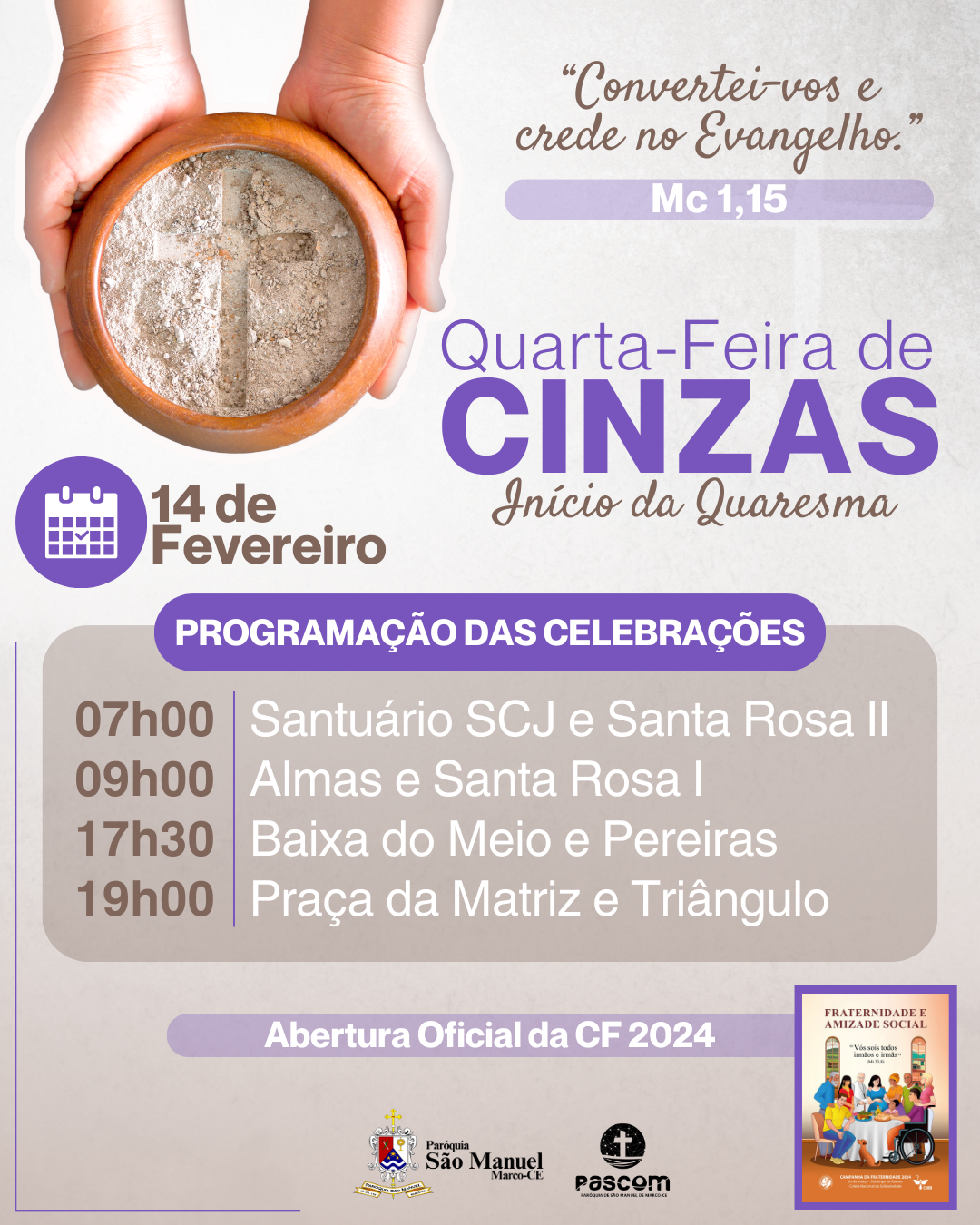 Quarta-Feira de Cinzas. Créditos: Paróquia de São Manuel