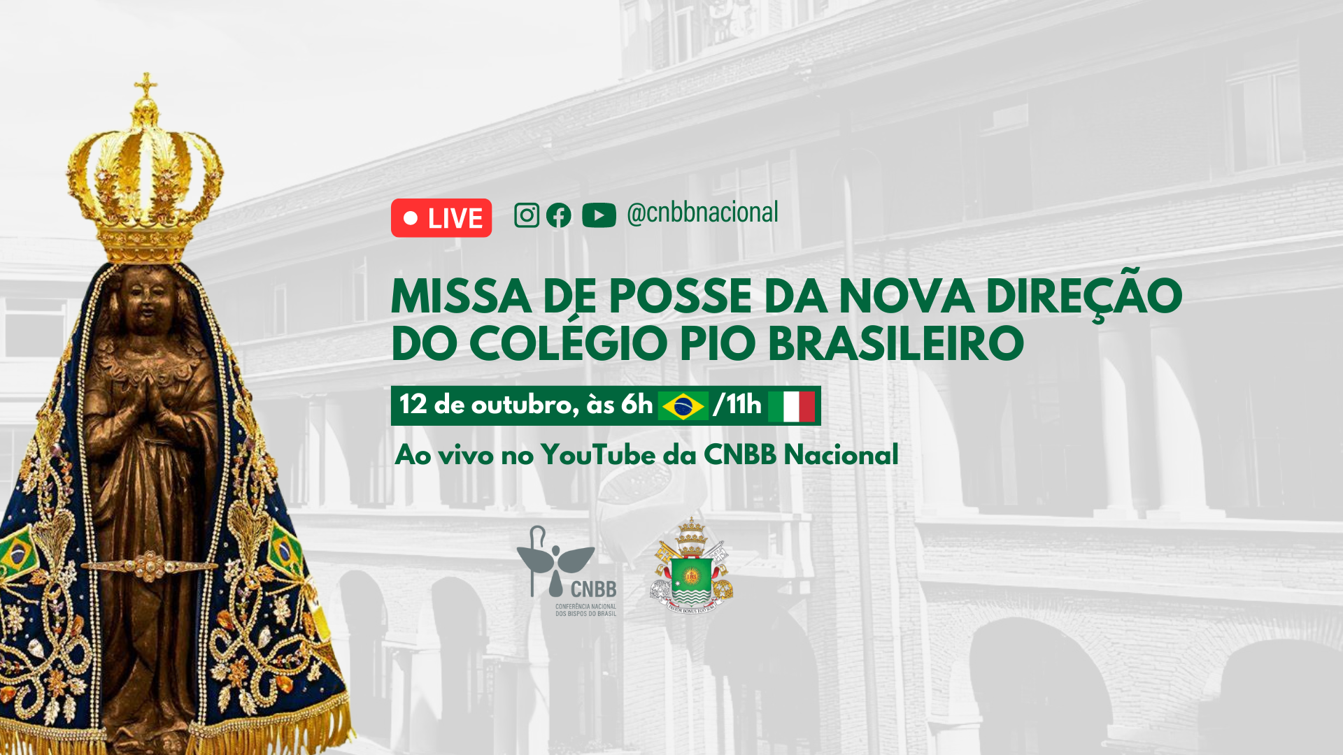 Colégio Pio Brasileiro celebrará a festa da Padroeira e a posse da nova diretoria. Créditos: CNBB