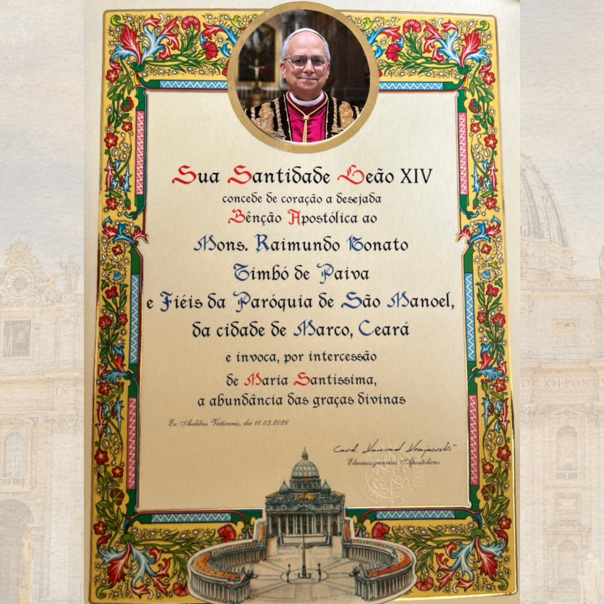 Bênção Apostólica concedida pelo Papa Leão XIV. Créditos: PASCOM da Paróquia São Manuel